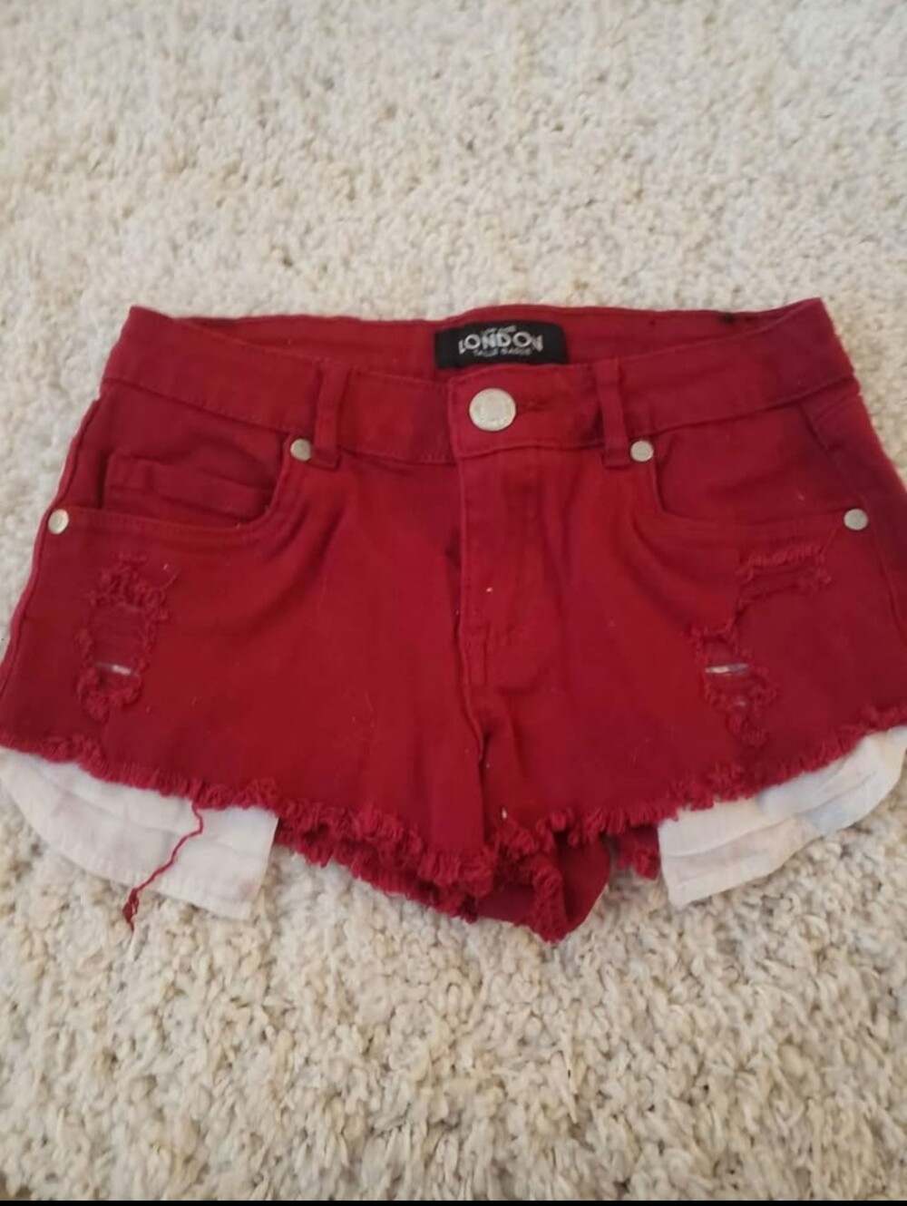 LONDONJEAN Red Distressed Denim Shorts